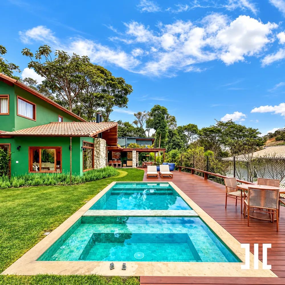 Casa verde com telhado cerâmico, piscina de dois níveis e deck de madeira
