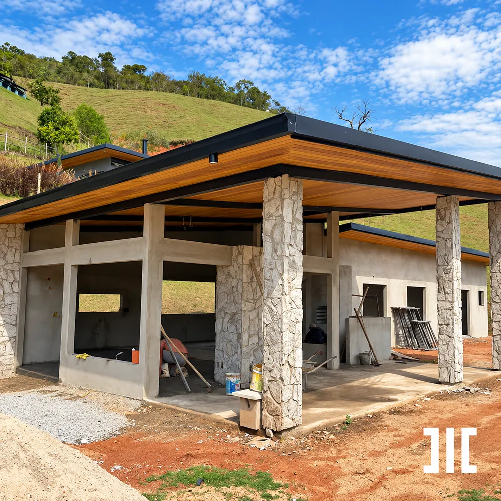 Obra de uma casa com estrutura aparente e pilares revestidos de pedra